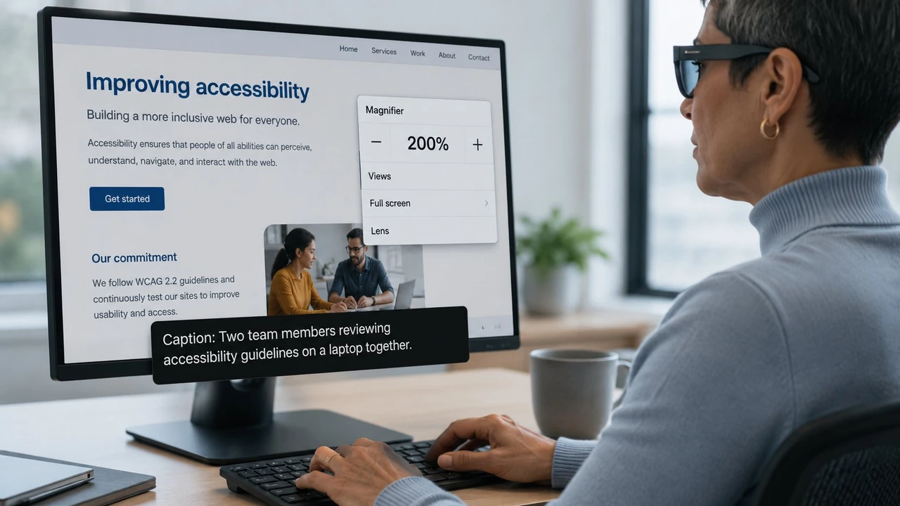 A team reviewing a WCAG 2.2 AA accessibility compliance dashboard on a large screen