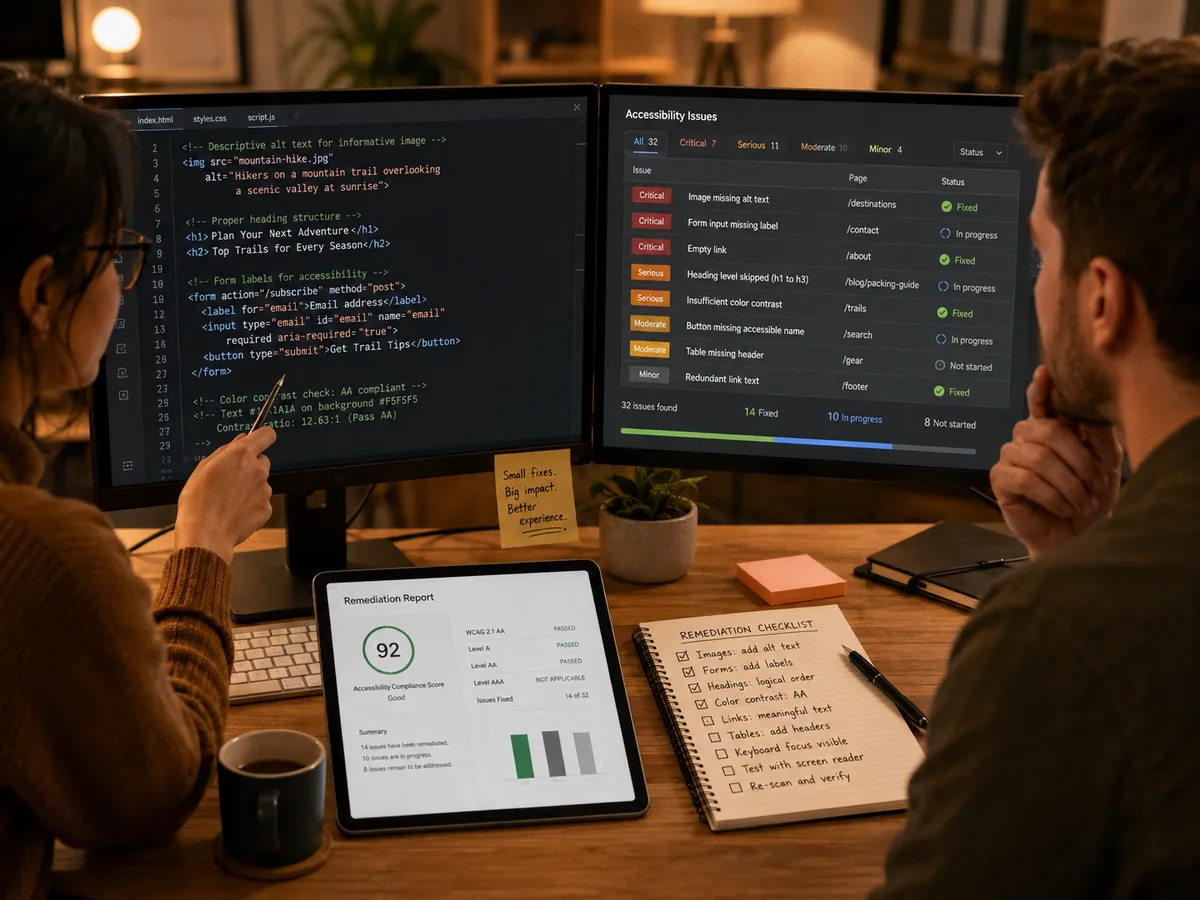 A developer fixing website accessibility issues, with code on one screen and an accessibility issues panel on another.