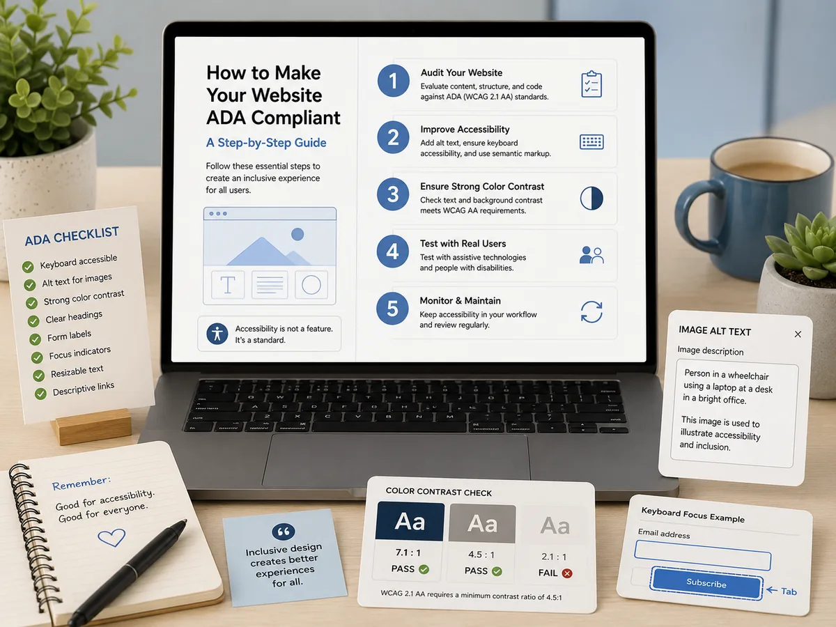 A step-by-step website accessibility checklist on screen, with contrast, keyboard focus, and alt-text cues.