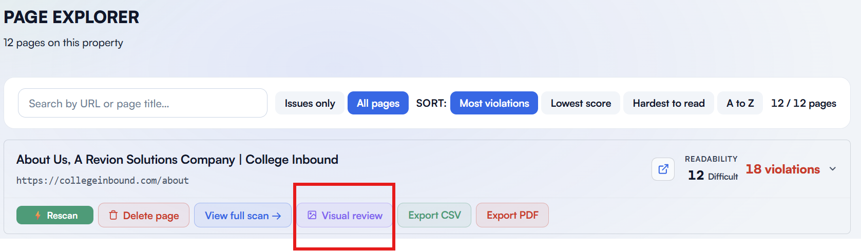 GuardGrid Visual Review overlays a numbered box on every element with an accessibility issue, on a full-page screenshot of the page