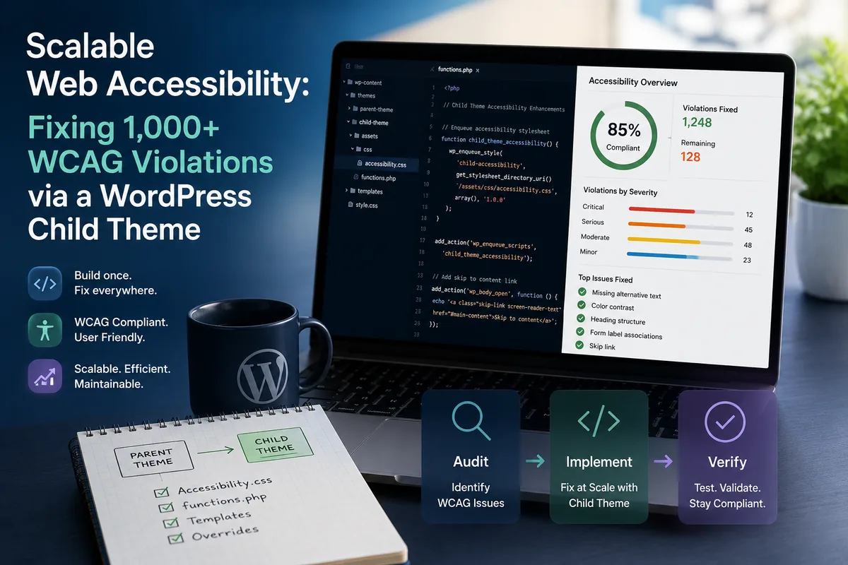 A developer editing a WordPress child theme stylesheet, with an accessibility findings panel showing contrast and focus issues on a second screen.