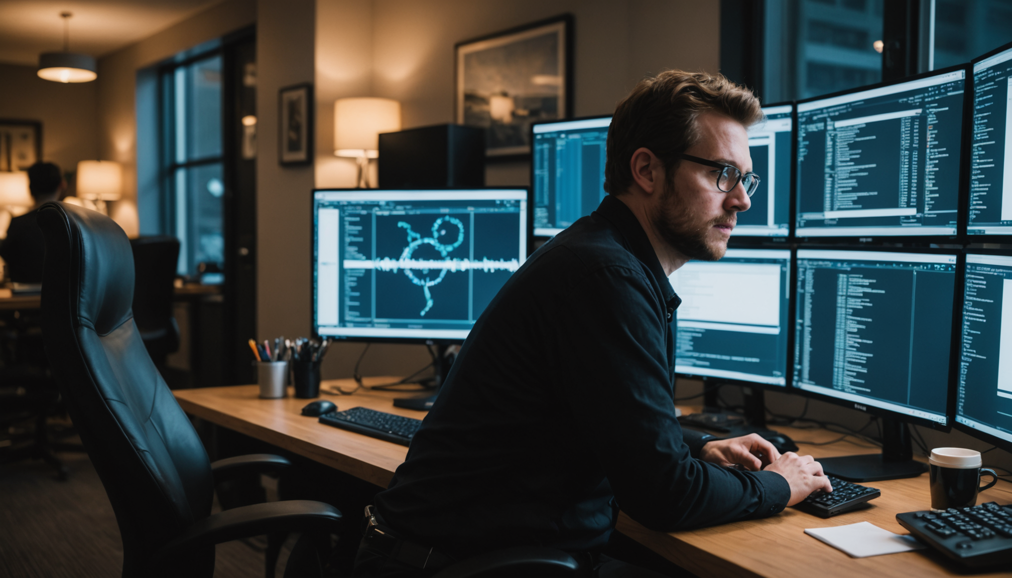 Developer reviewing web accessibility code on a monitor in a dimly lit office with cool light