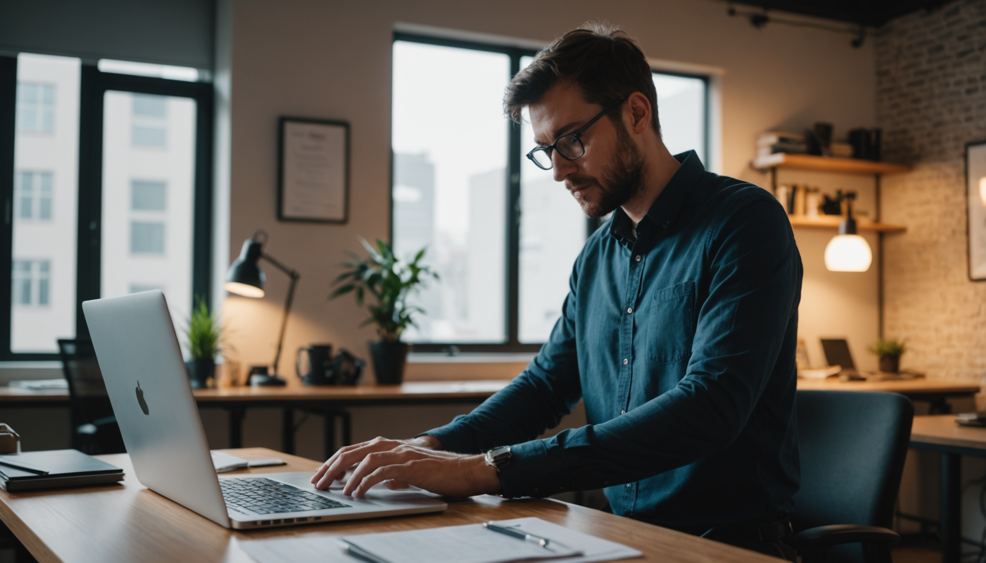 A developer standing at a desk and working on a laptop in a softly lit office environment.