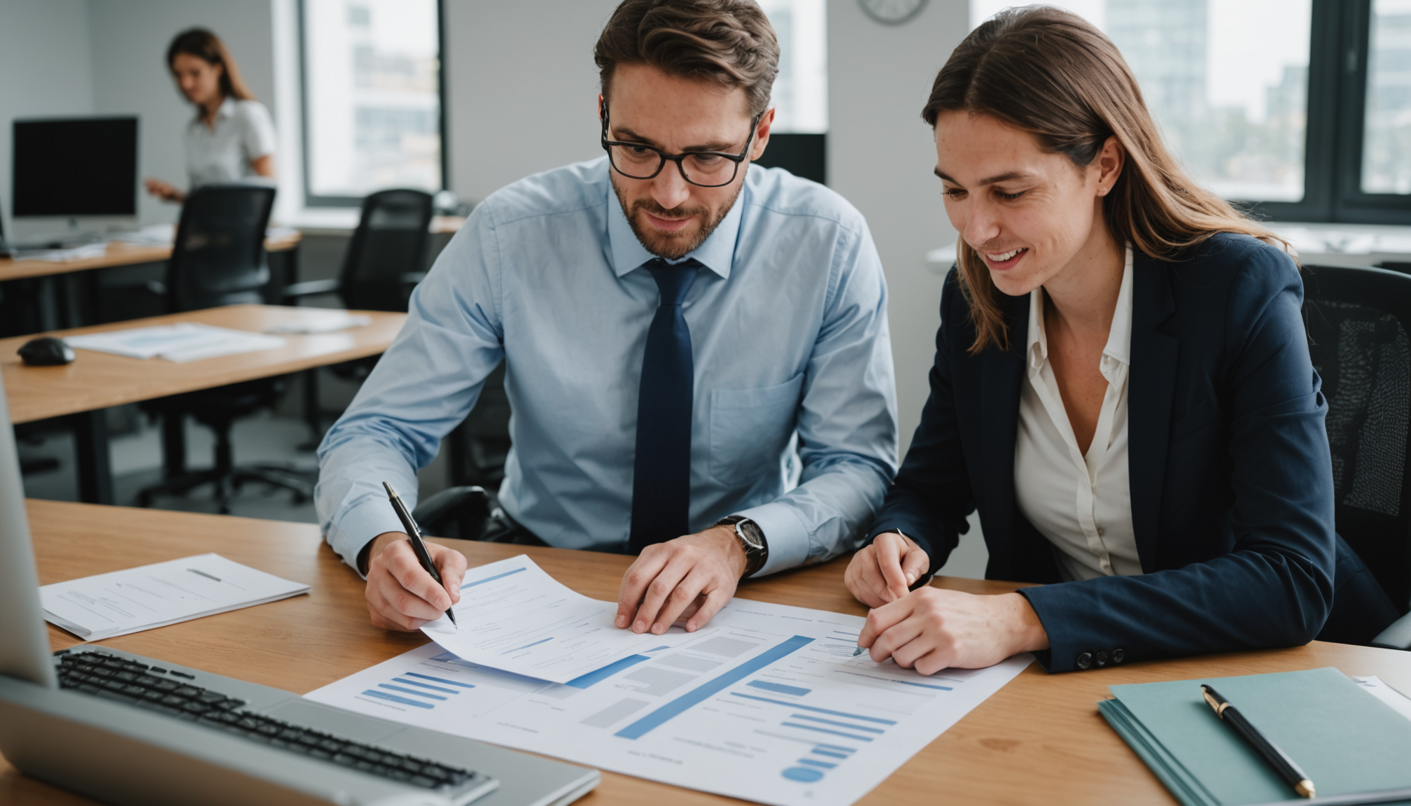 Two colleagues seated at a desk reviewing a printed technical document together.
