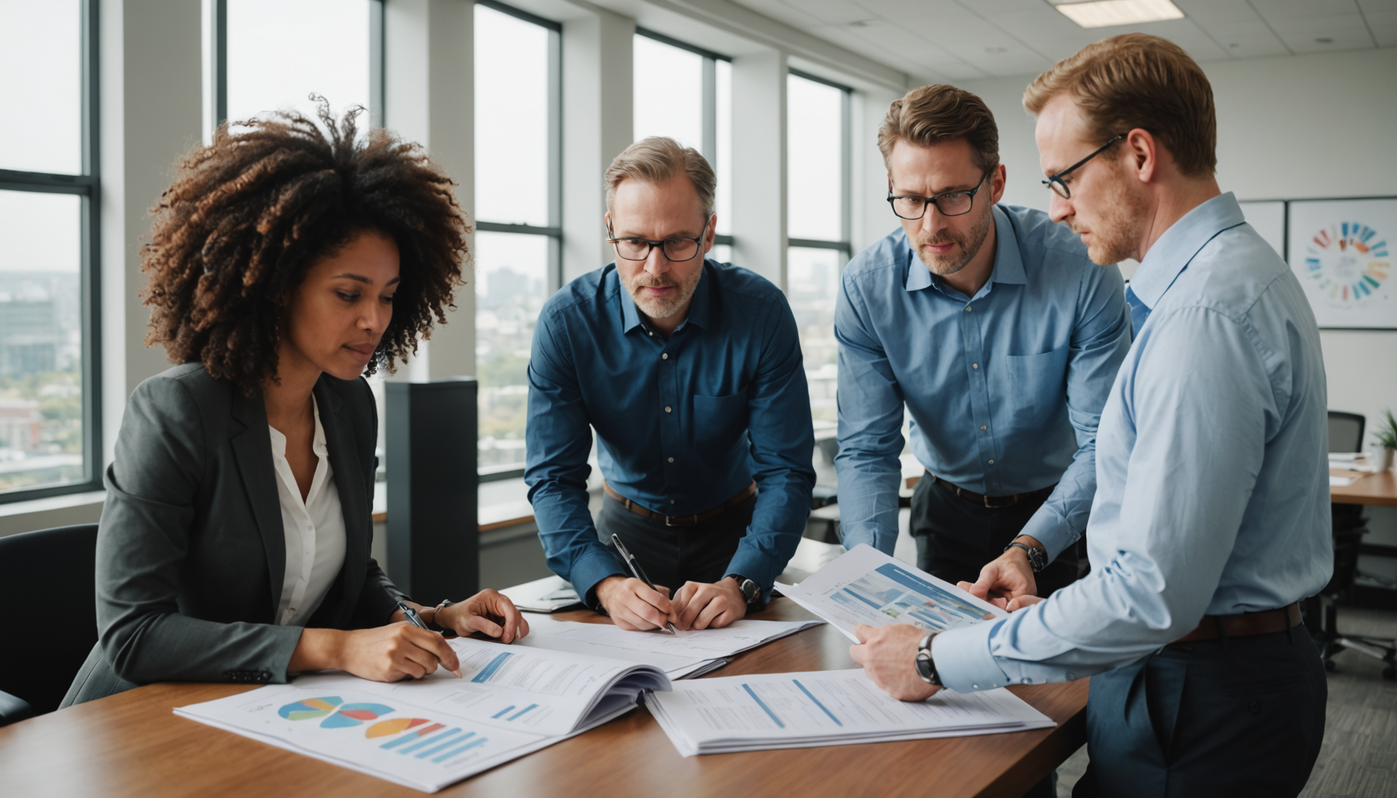 A small office team reviewing printed compliance reports spread across a conference table in natural light.